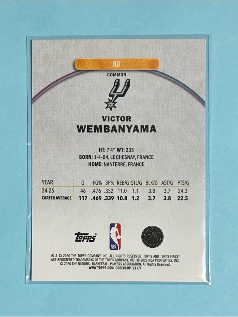 Victor Wembanyama , San Antonio Spurs, 2025-26 Topps Finest Card #98 - Picture 2 of 2